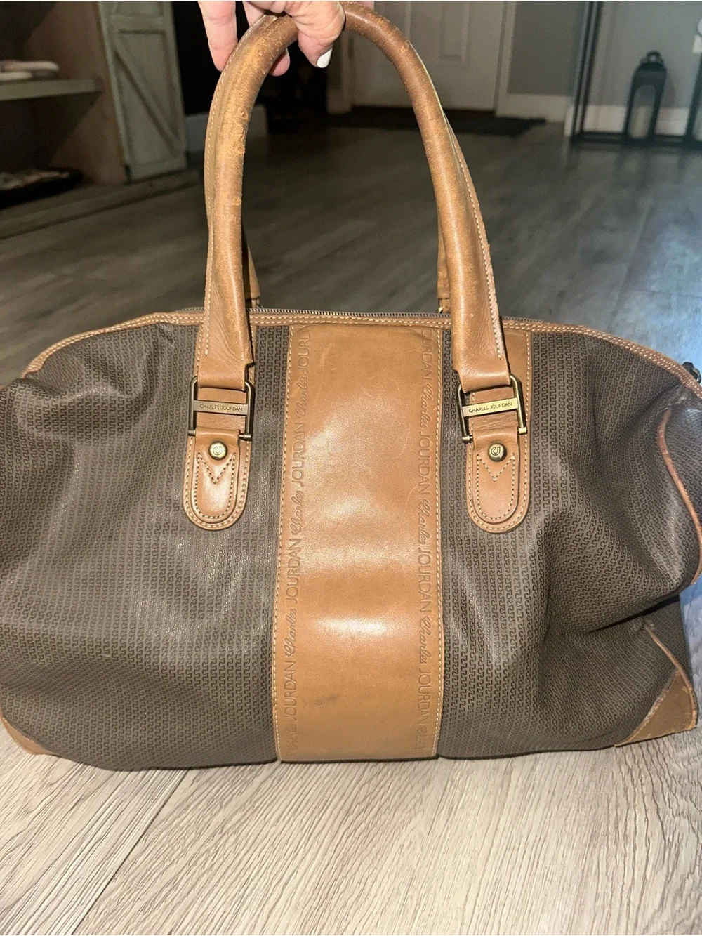 Vintage Charles Jourdan Actif Paris Boston Leather Trim Duffel Satchel Bag
